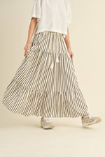 Striped Tiered Maxi Skirt Olive