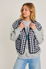 Drop Shoulder High Collared Quilt Vest Black and White