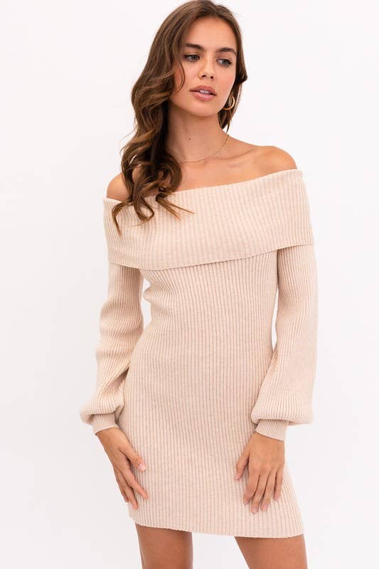 Ballon Sleeve Off Shoulder Sweater Dress Sage