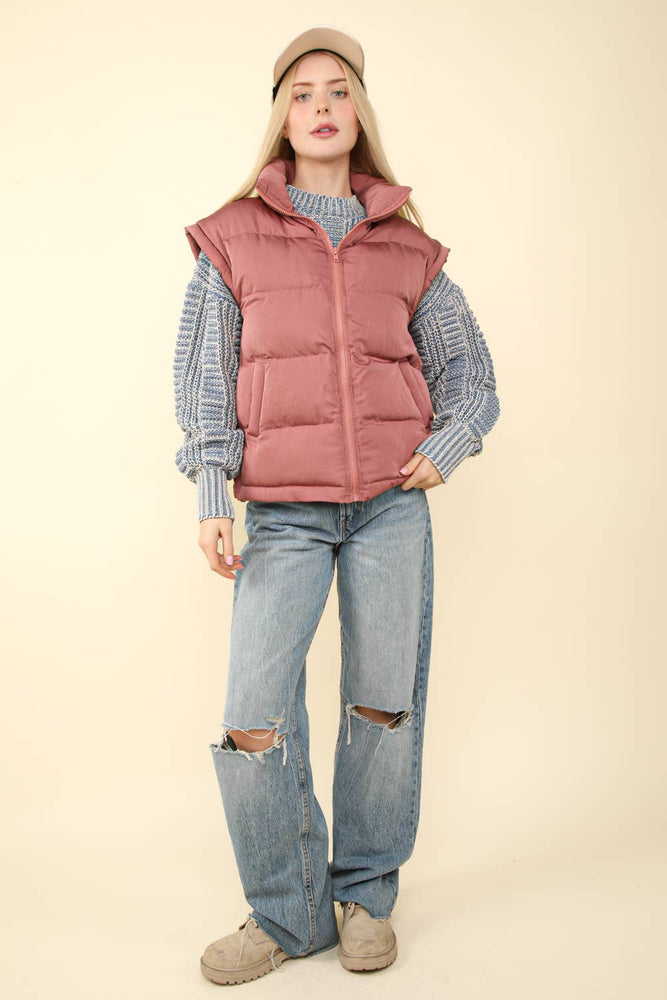 High Neck Puffer Vest Mauve