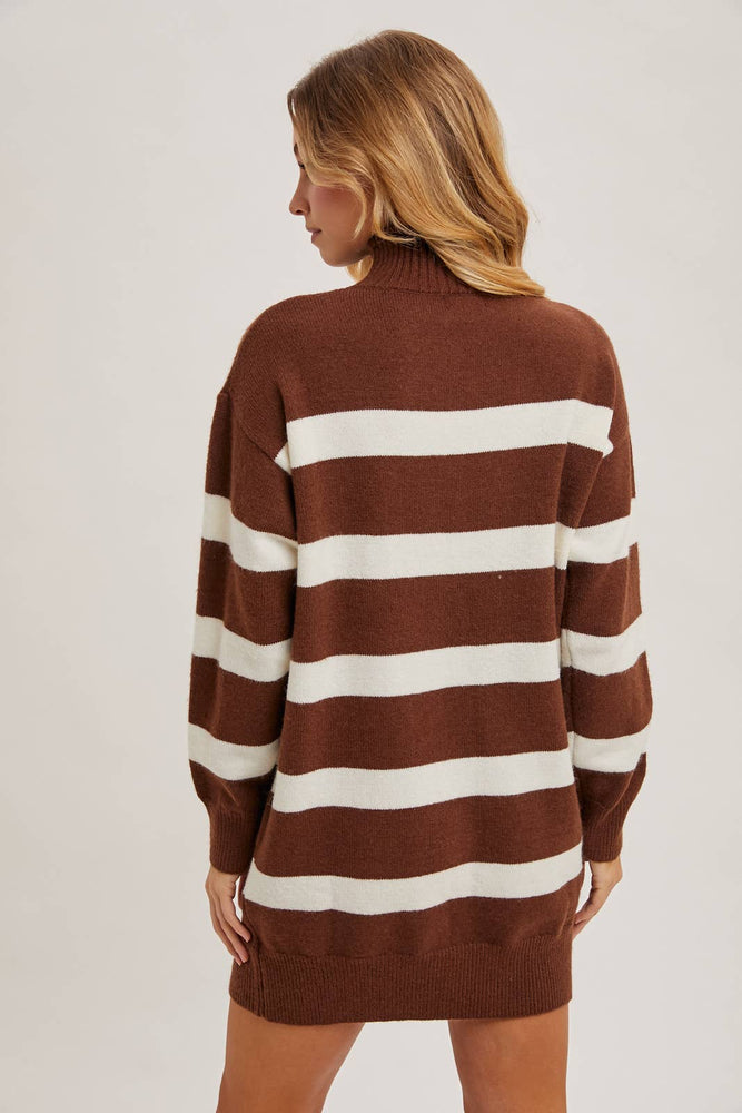 Turtleneck Striped Knit Sweater Dress