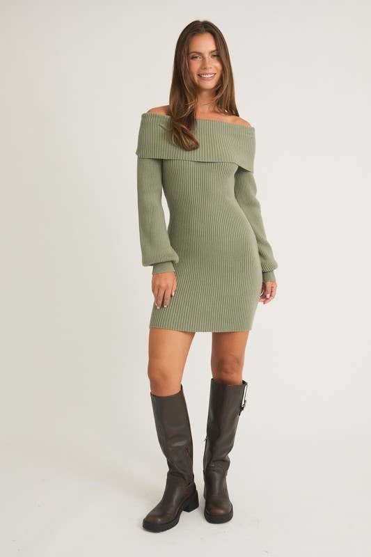 Ballon Sleeve Off Shoulder Sweater Dress Sage