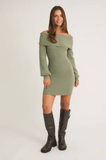 Ballon Sleeve Off Shoulder Sweater Dress Sage