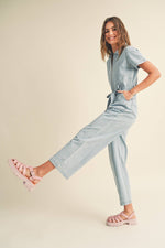 Zip Front Denim Jumpsuit Tie Detail