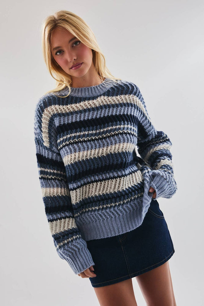 Long Sleeve Crewneck Stripe Sweater Blue