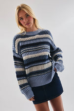 Long Sleeve Crewneck Stripe Sweater Blue