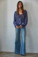 Woven Cotton Long Cap Sleeve Smocked Blouse
