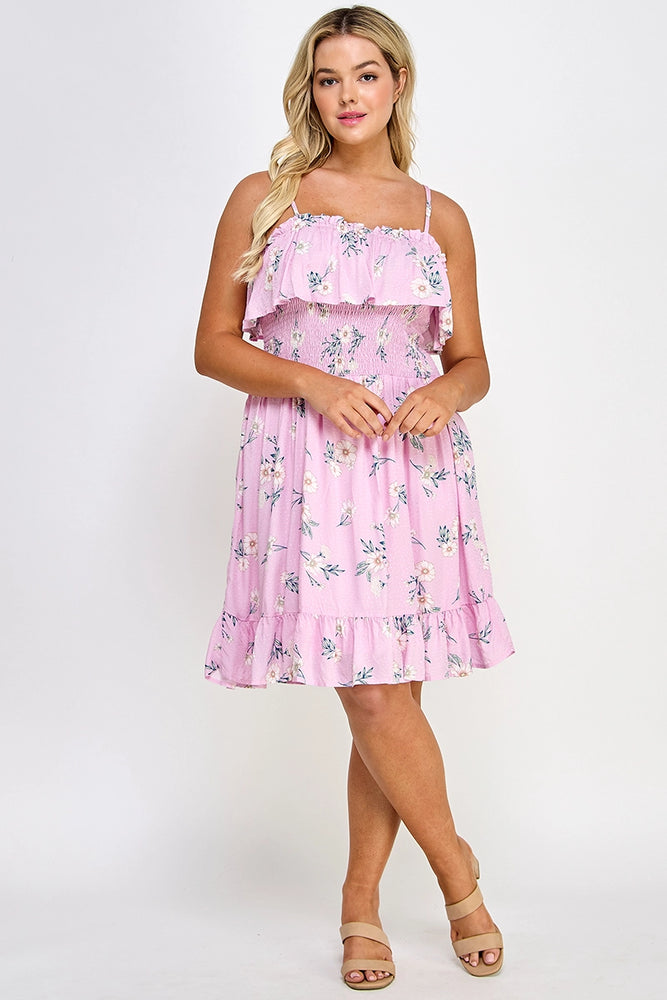 Plus Floral Smocked Ruffle Mini Dress Pink