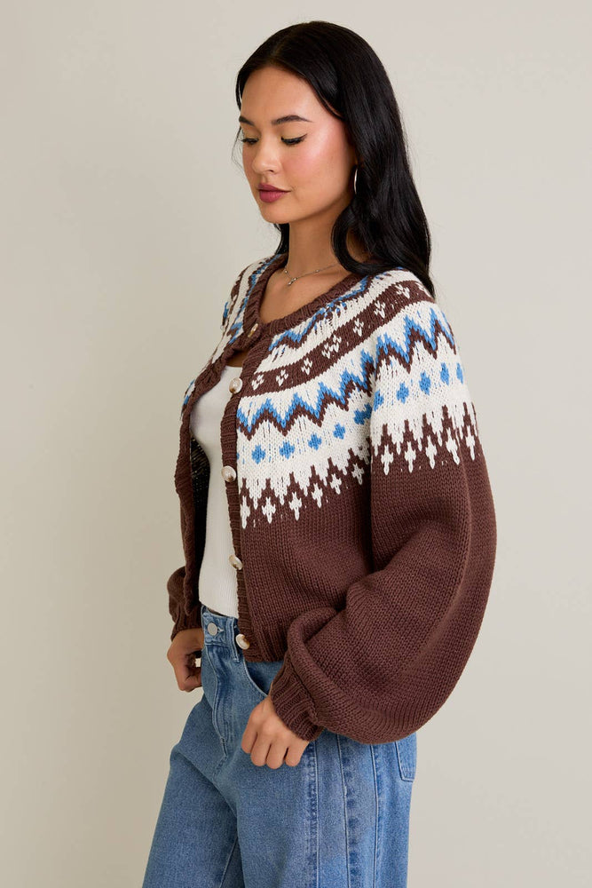 Cropped Sweater Cardigan Brown and Blue Fair Isle Style Pattern