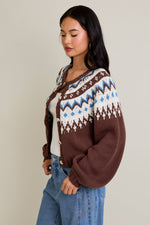Cropped Sweater Cardigan Brown and Blue Fair Isle Style Pattern