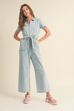 Zip Front Denim Jumpsuit Tie Detail