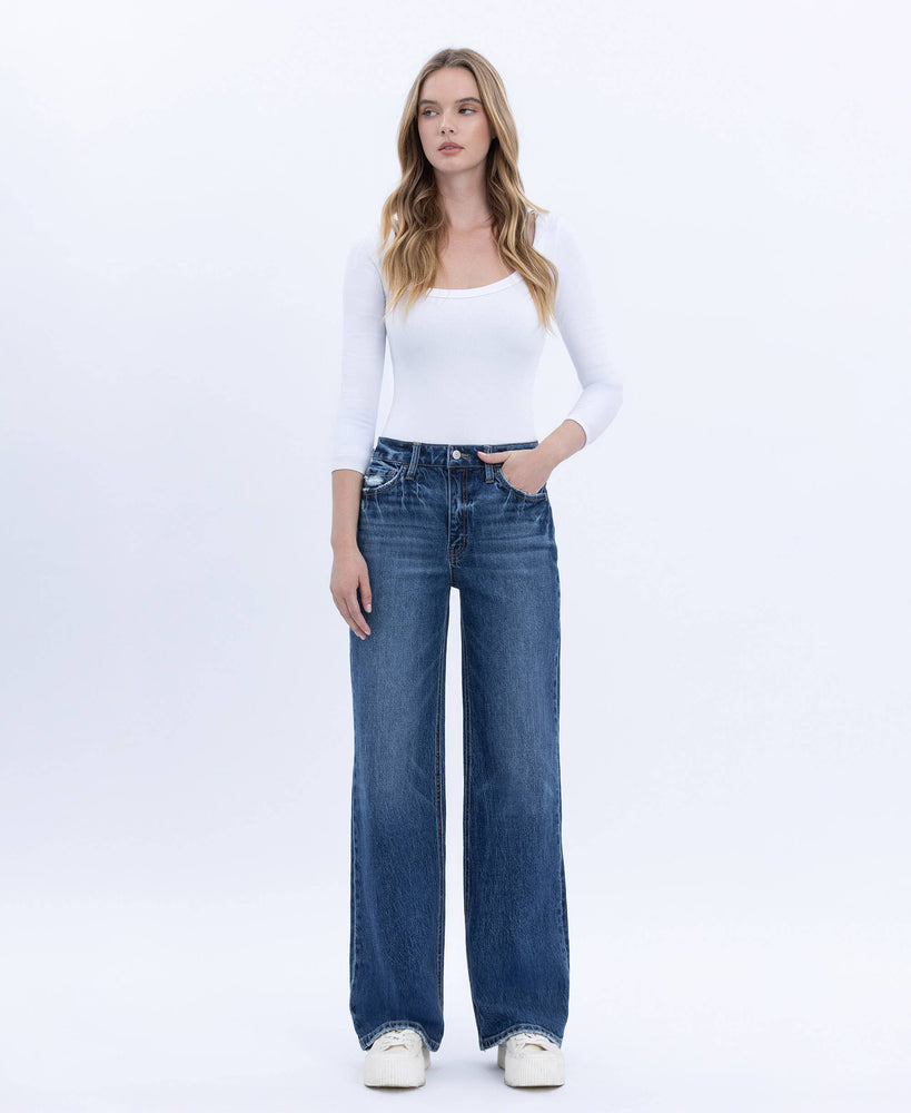 90s Super High Rise Dark Wash Wide Leg Jeans