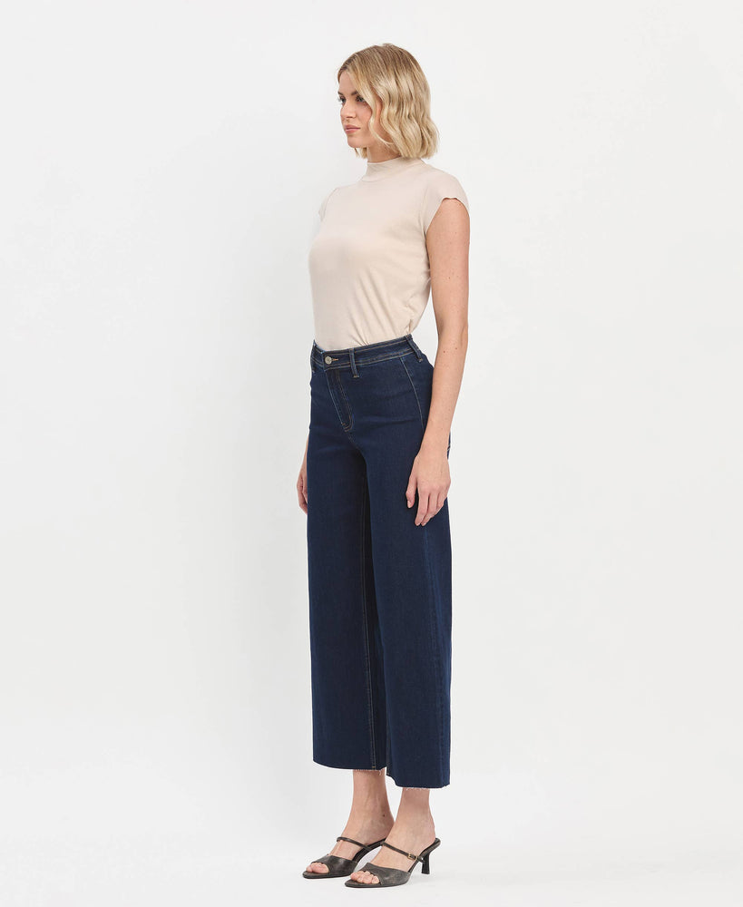 High Rise Raw Hem Wide Leg Ankle Jeans