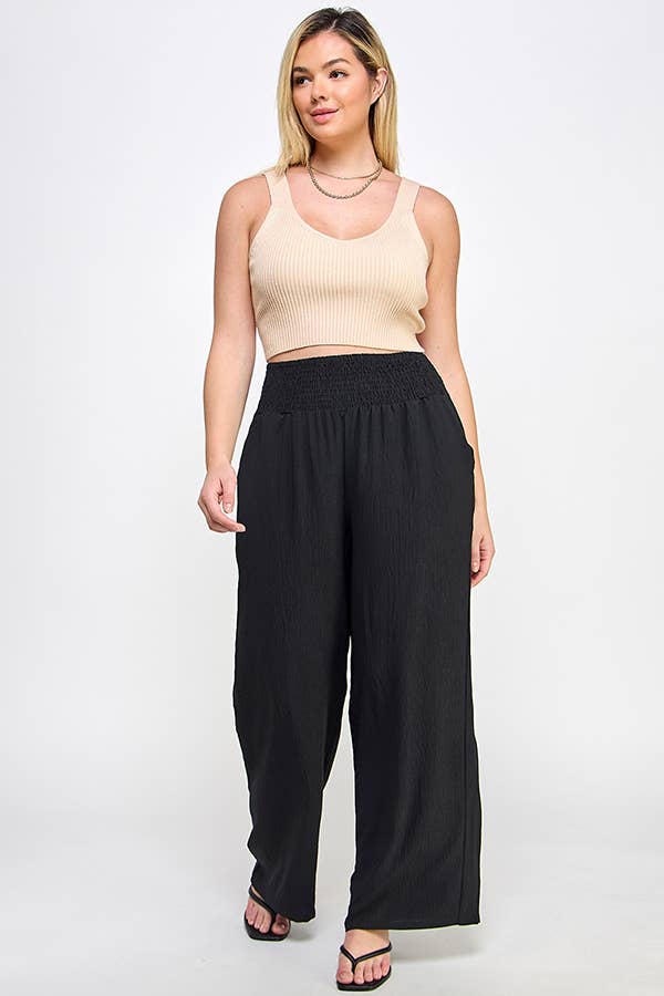 Plus Size Smocked Wide-Leg Pants Black