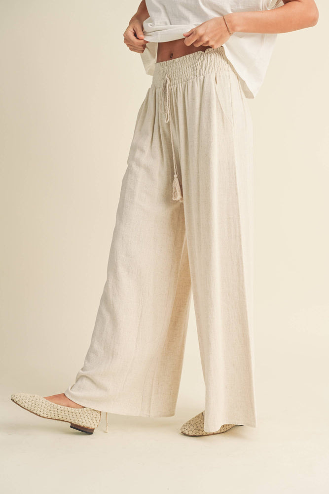 Linen Smocked Waist Wide Leg Pant