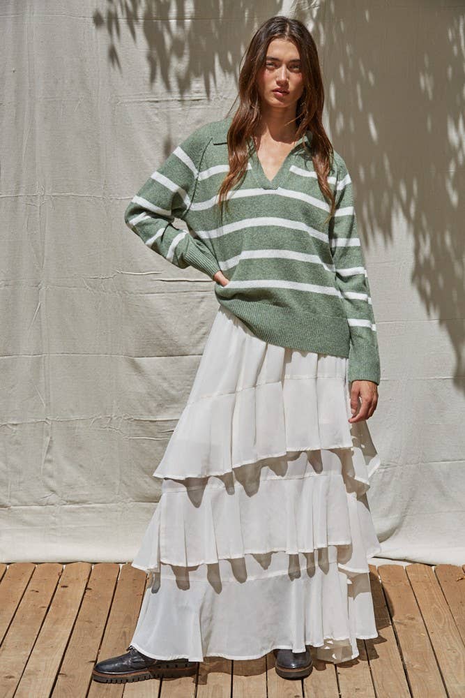 Striped Knit Wide Collar Sweater Sage
