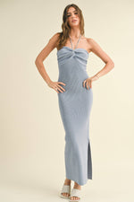 Ruched Halter Dress Blue