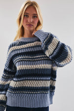 Long Sleeve Crewneck Stripe Sweater Blue