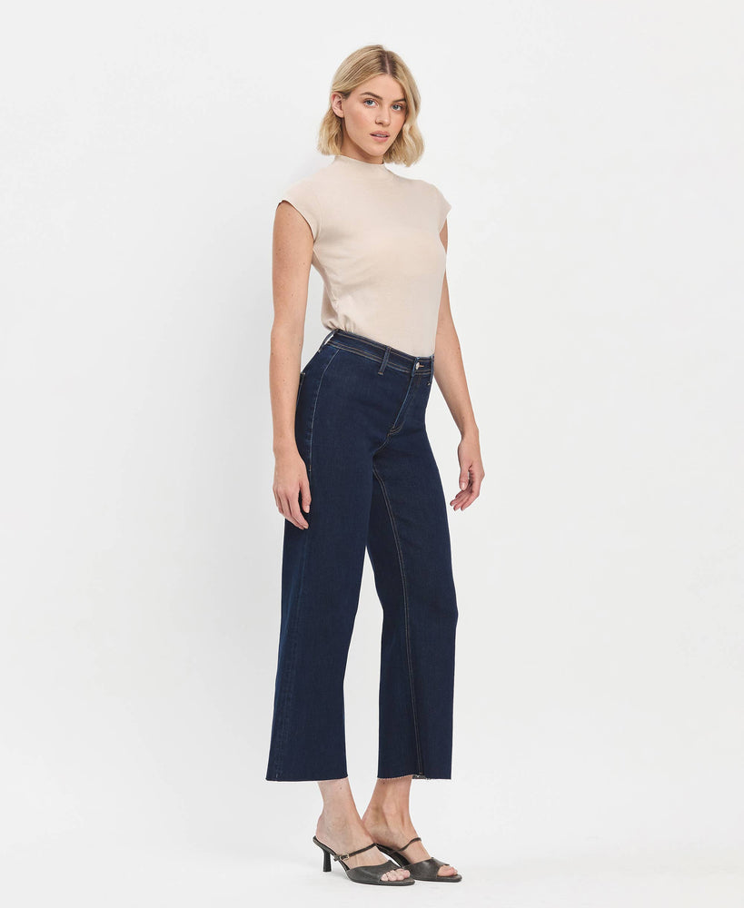 High Rise Raw Hem Wide Leg Ankle Jeans