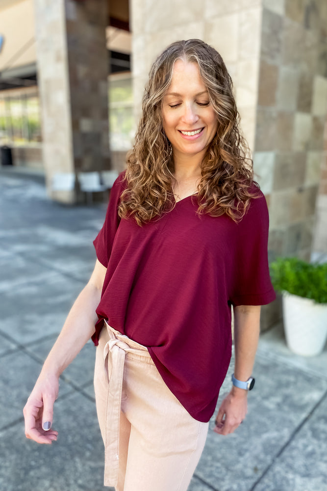Mia Oversized V-Neck Top Burgundy