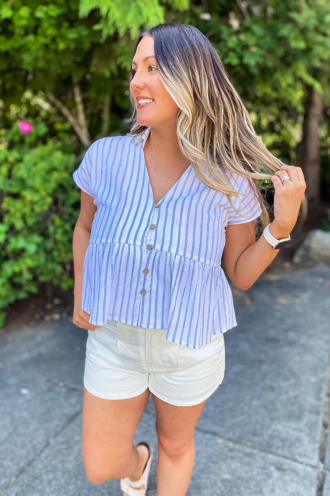 Linda White and Navy Striped Blouse