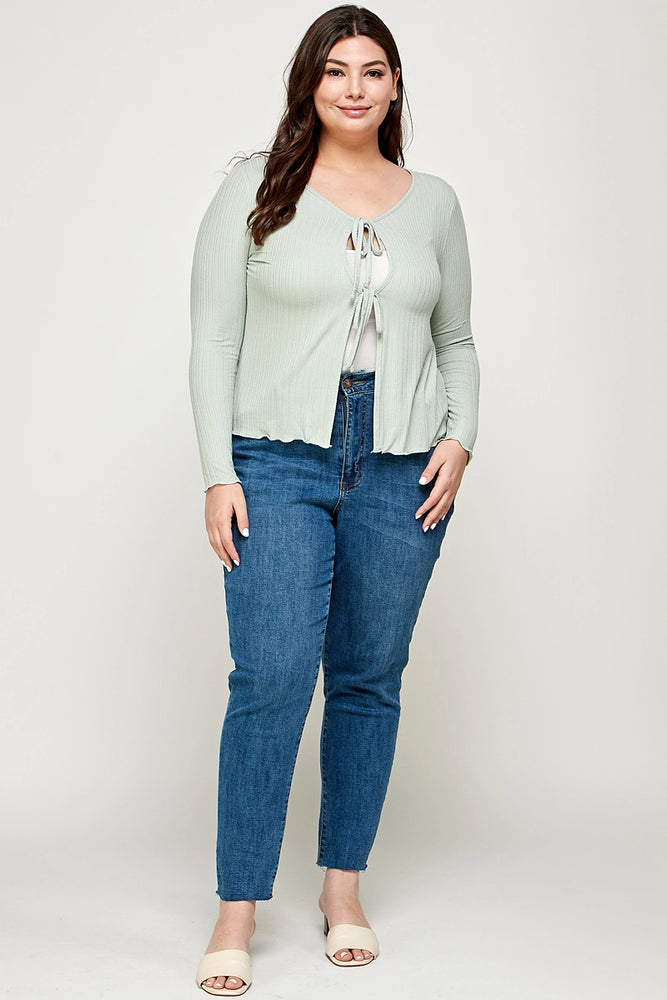 Plus Pointelle Ribbed Front Tie Cardigan