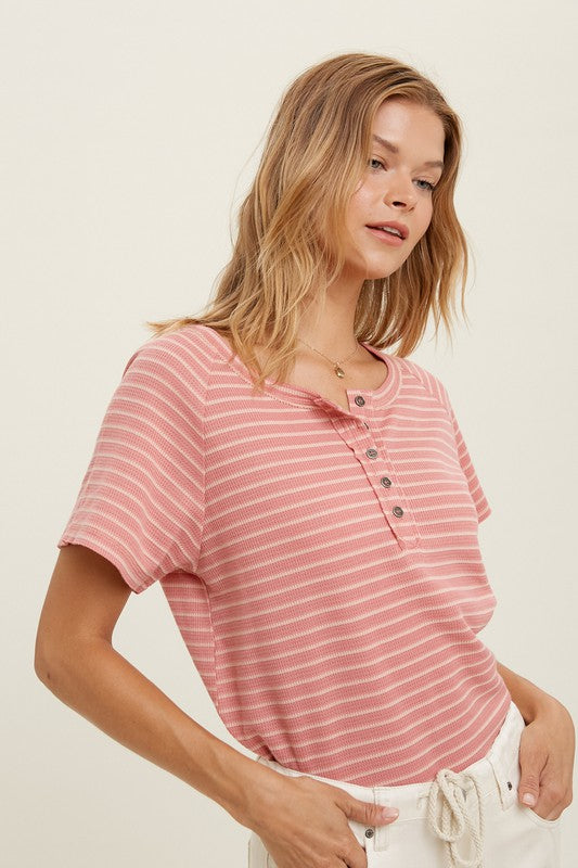 Ginger Waffle Knit Striped Tee - Lilac&Lemon