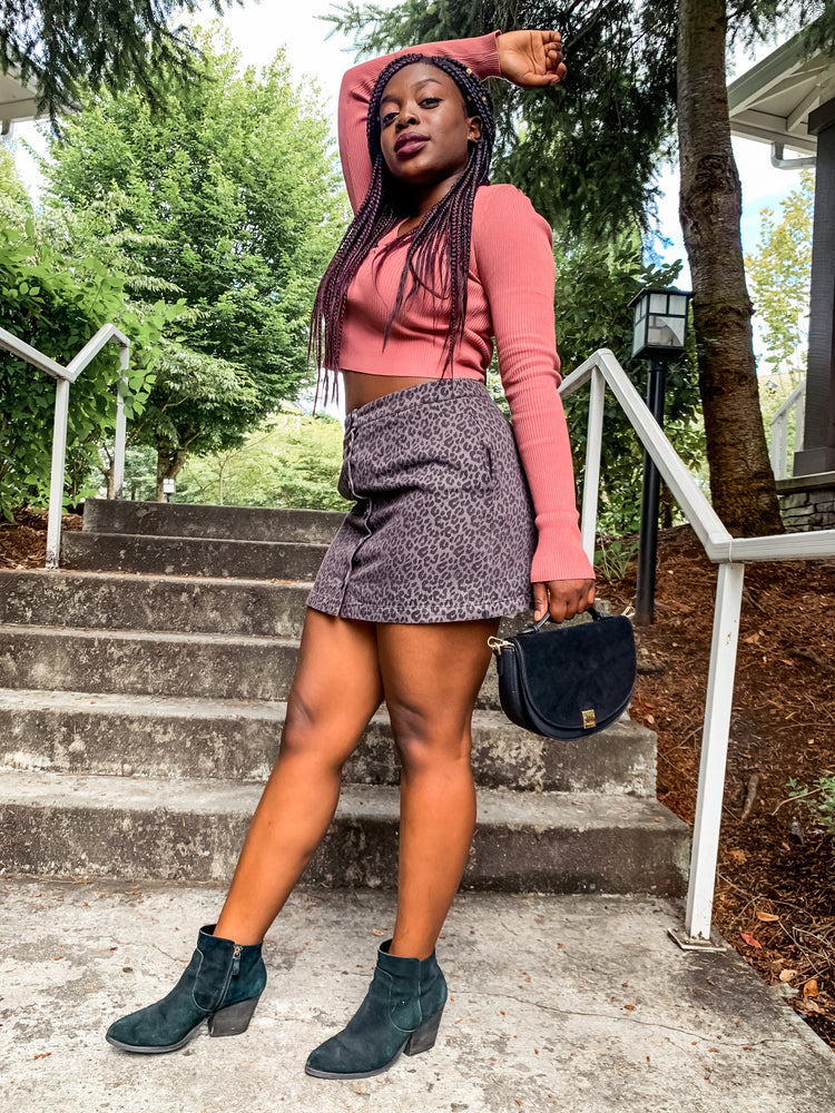 Grey Leopard Print Mini Skirt - Lilac&Lemon