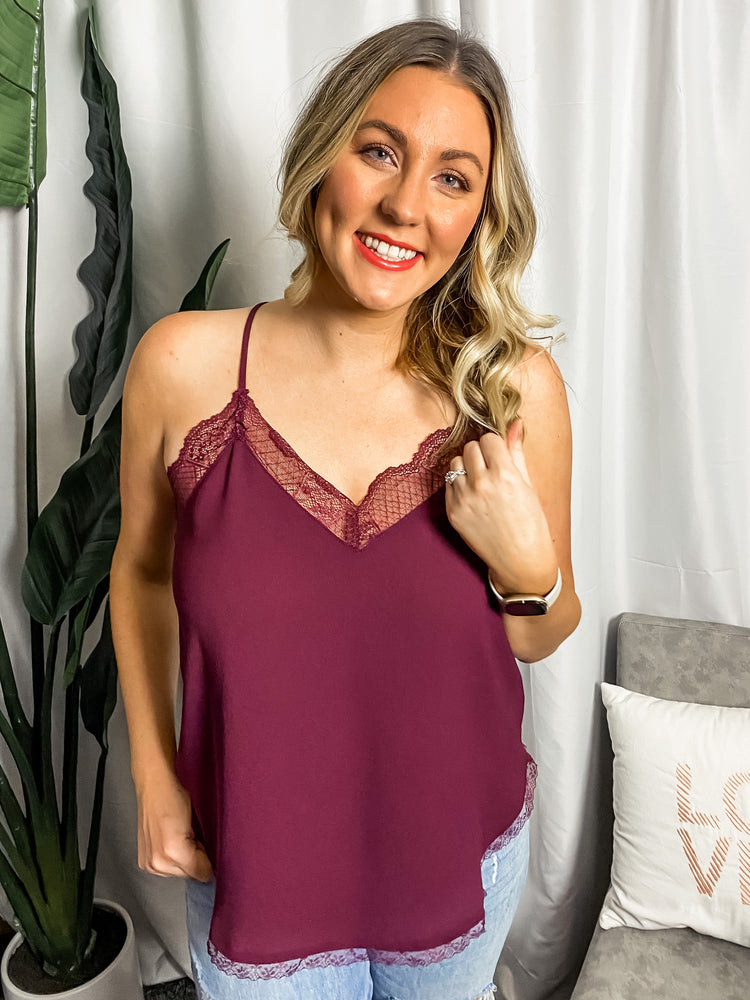Burgundy Lace Trim Cami - Lilac&Lemon