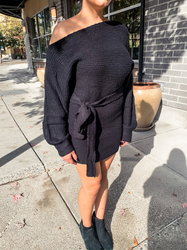 Black Off The Shoulder Long Sleeve Sweater Dress - Lilac&Lemon