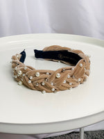 Tan Braided Velvet Pearl Headband - Lilac&Lemon