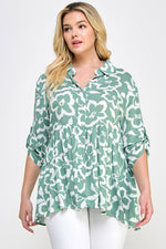 Plus Floral Babydoll Button Down Top Soft Green